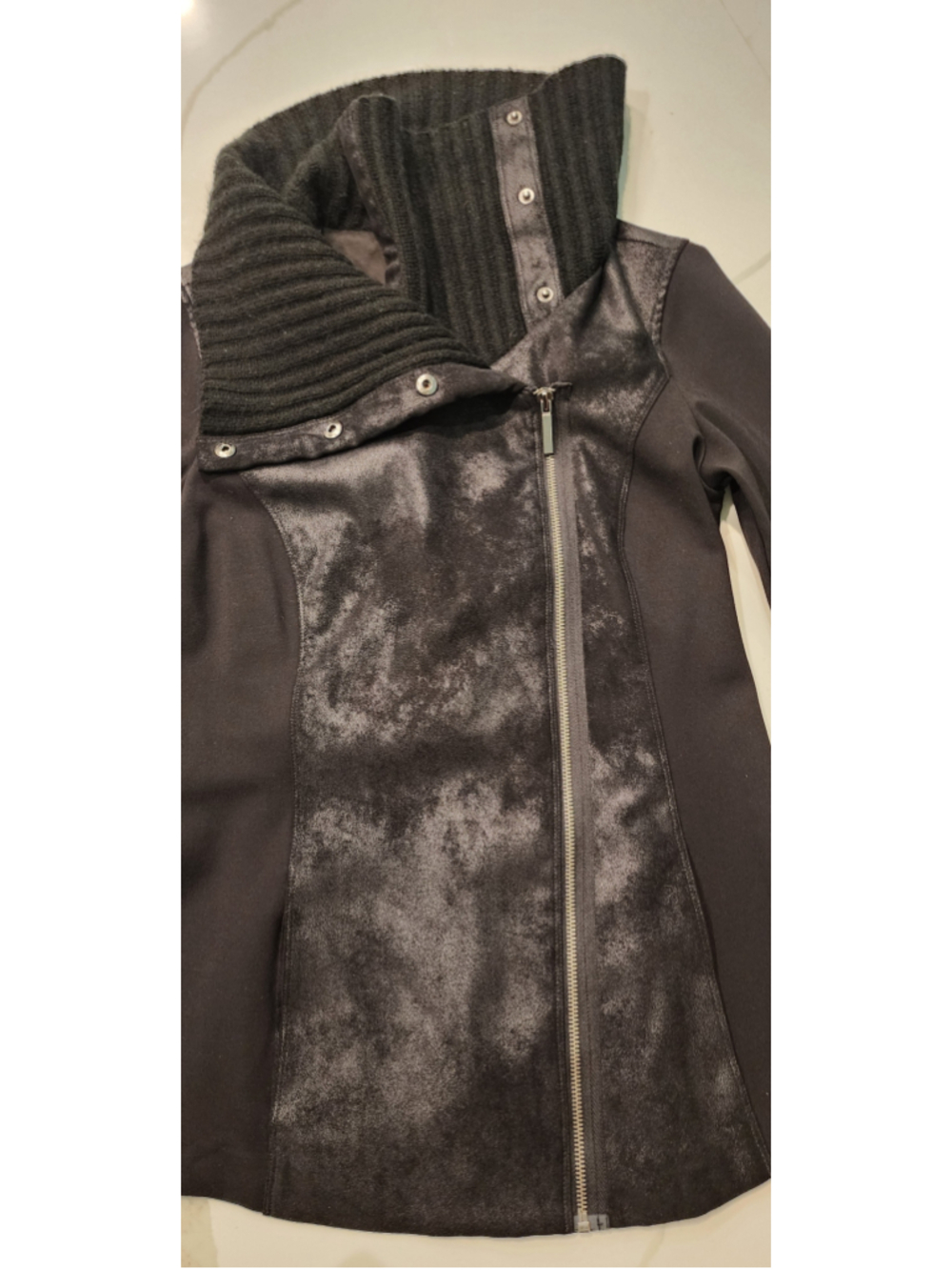 Armani Exchange Black Asymmetric Zip Jacket M Knit Cowl Faux Suede Leather Moto - Picture 9 of 14